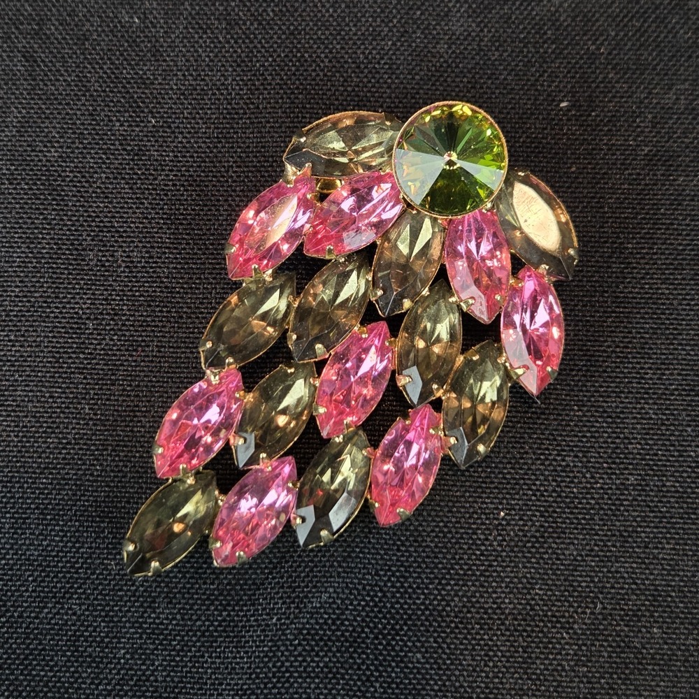 Pink, Smoky Gray, Aurora Borealis Rhinestones Unsigned Pin Brooch